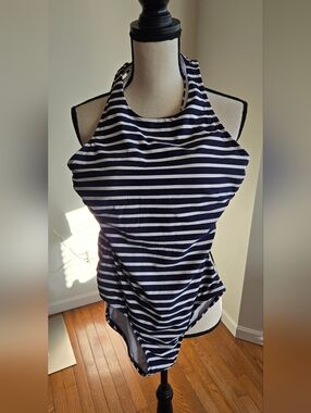 Lands End Navy White Striped One Piece Swimsuit Medium